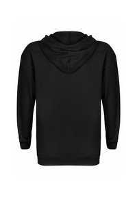Sudadera con capucha negra vista desde atrás, con mangas largas y capucha doblada.