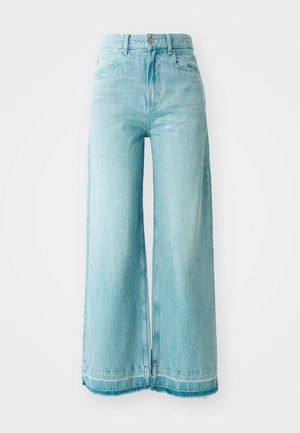 Light blue wide-leg jeans with a high waist, featuring a button closure, front pockets, and frayed hems for a casual look.