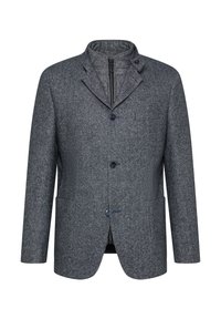 Dark gray wool jacket with a collar, two front pockets, blue buttons, and a zip closure. Textured fabric with a tailored fit.