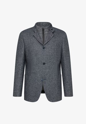 Dark gray wool jacket with a collar, two front pockets, blue buttons, and a zip closure. Textured fabric with a tailored fit.