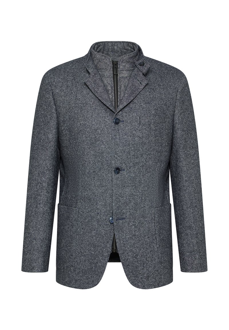 Dark gray wool jacket with a collar, two front pockets, blue buttons, and a zip closure. Textured fabric with a tailored fit.