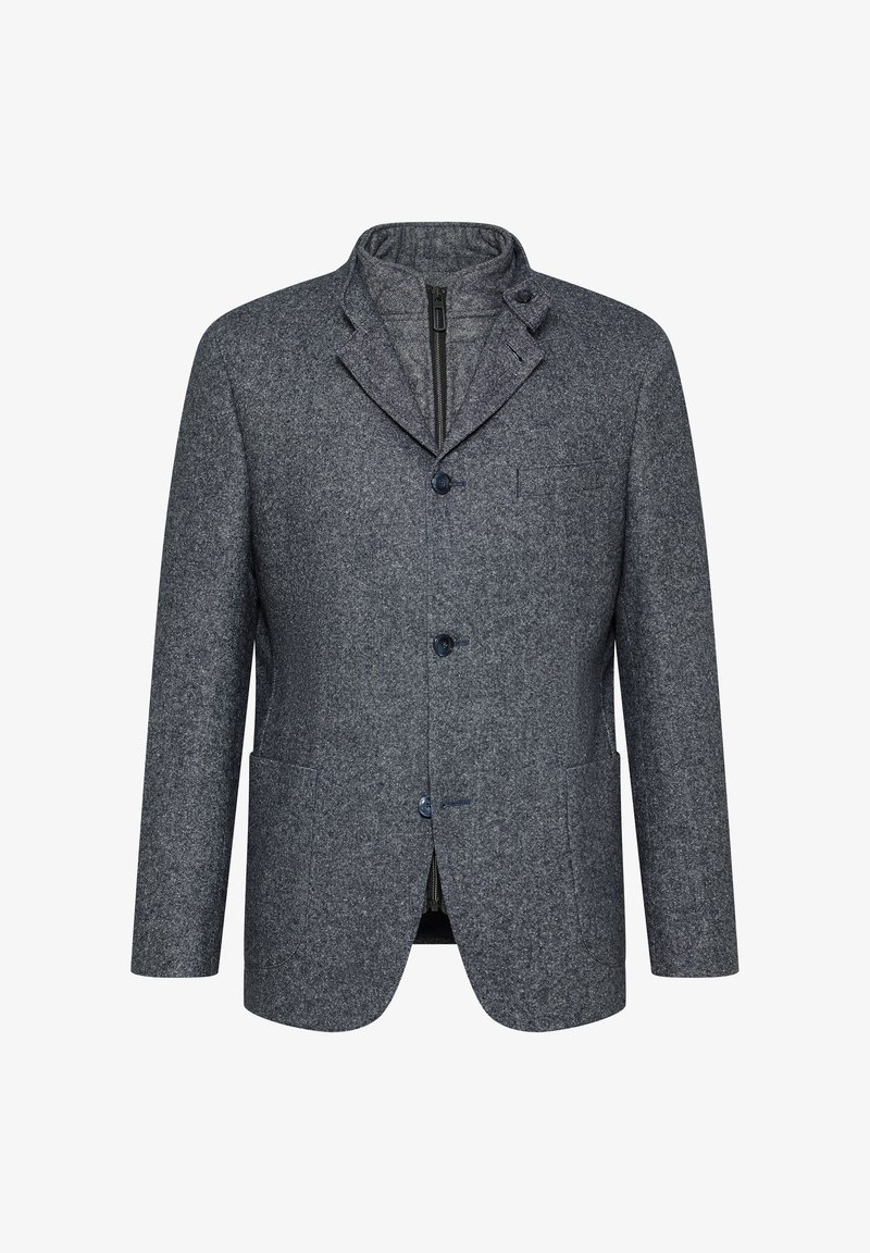 Dark gray wool jacket with a collar, two front pockets, blue buttons, and a zip closure. Textured fabric with a tailored fit.