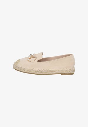 Beige suede espadrille flat with a woven jute sole. Features a decorative bead and metal accent on the vamp. Smooth texture, simple design.