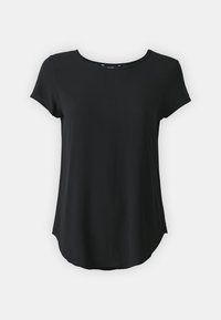 T-shirt noir à manches courtes avec un col rond, fabriqué dans un tissu léger et lisse. Présente un ourlet arrière légèrement plus long et des fentes latérales.