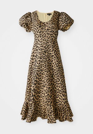 Leopardmønstrete midikjole med pufferm, rund hals, tettsittende midje, flagrende volangkant og glidelås i ryggen.