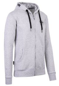 Grauer Reißverschluss-Hoodie mit Kapuze zum Zuziehen, Fronttaschen, gerippten Bündchen und Saum, mit schwarzen Akzenten und einem Logo auf der Brust.