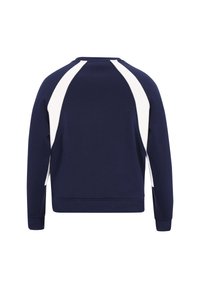 Felpa blu navy con pannelli laterali bianchi, collo rotondo e maniche lunghe. Realizzata in misto cotone con una texture morbida e polsini a costine.