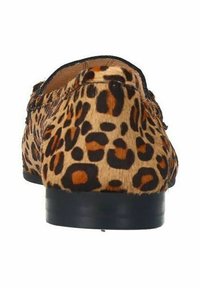 Leopard-print loafers with a soft, textured upper in light brown and black, featuring a black rubber sole and minimal stitching details.