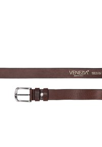 Brauner Leder-Gürtel mit einer silbernen Schnalle. Er zeichnet sich durch eine glatte Textur und ein minimalistisches Design aus, das mit "Venezia" und "100% Leder" gekennzeichnet ist.