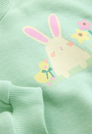 Mintgrøn sweater med trykt motiv af en kanin og en kylling med blomsterdetaljer. Teksturen er glat med ribbet kant ved ærmegabene.