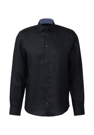 Schwarzes langärmliges Hemd zum Knöpfen mit spitzem Kragen und dunklen Knöpfen, auf weißem Hintergrund dargestellt.