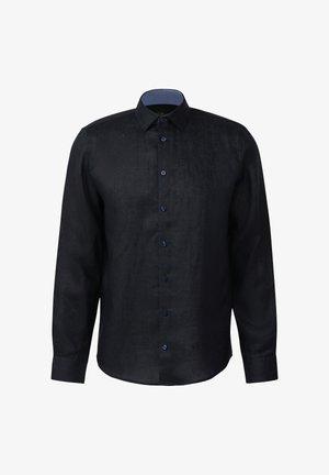 Zwart overhemd met lange mouwen, knoopsluiting, puntige kraag en donkere knopen, weergegeven op een witte achtergrond.