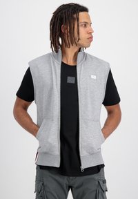 Graue ärmellose Zip-Hoodie aus weichem Stoff, mit zwei vorderen Taschen und einem gerippten Saum. Über einem schwarzen T-Shirt getragen.