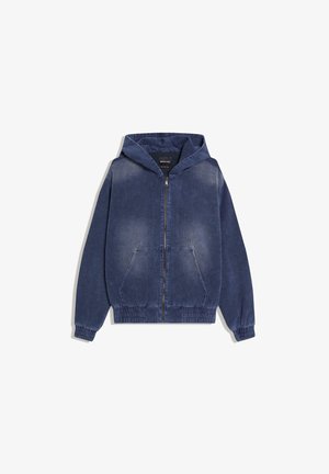 Modra jakna s kapuco in zadrgo, sprednji žep v stilu kenguruja, rebrasti manšeti in spodnji rob, narejena iz mehke tkanine iz korduroja.