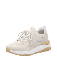 Beige mesh sneaker with a white midsole and light brown outsole. Featuring round laces, a padded collar, and subtle logo accents.