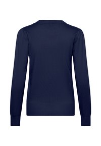 Pull bleu marine à manches longues avec ourlet et poignets côtelés, présentant des manches bouffantes et un col rond, confectionné dans une matière tricotée douce.