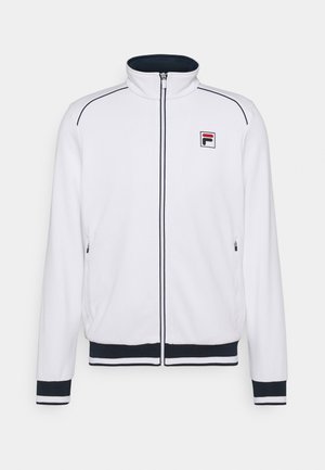 Weiße Jacke mit Reißverschluss, schwarze Verzierungen an Bündchen, Saum, Schultern und Reißverschluss, mit kleinem mehrfarbigem Logo auf der linken Brust.