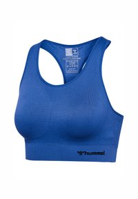 Niebieski bezszwowy biustonosz sportowy z tyłem typu racerback, wymodelowanymi miseczkami i czarnym logo "hummel" na dolnym pasku.