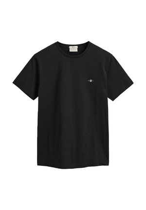Black cotton t-shirt with a crew neckline, short sleeves, and a small embroidered logo on the chest. Solid color, no patterns or accents.