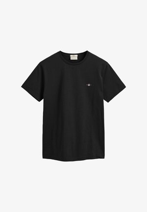 Zwarte katoenen t-shirt met een ronde hals, korte mouwen en een klein geborduurd logo op de borst. Effen kleur, geen patronen of accenten.