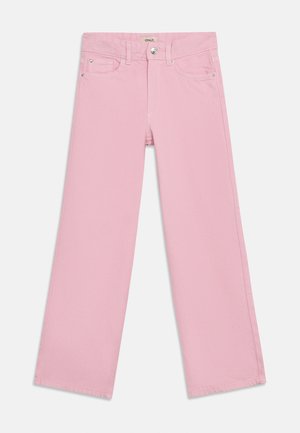 Jean rose clair à jambes droites avec bouton à l'avant, passants pour ceinture et design à cinq poches, posé à plat sur un fond blanc.