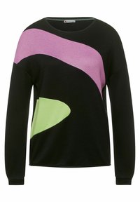 Svart tröja med horisontella segment i rosa och grönt, med avslappnad passform, långa ärmar och ribbade mudd. Slät stickad textur.