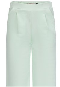 Pantaloni verde menta chiara realizzati in tessuto morbido, con vita alta, tasche laterali e pieghe sottili per un tocco di texture in più.