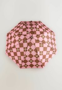 Pink and brown plaid umbrella with an octagonal shape, featuring a shiny metal mechanism and contrasting patterned fabric.