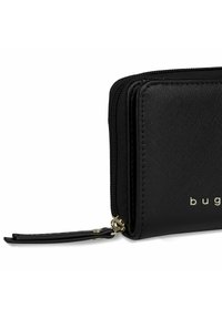 Black zippered wallet made of textured synthetic material, featuring a gold logo accent and a sleek rectangular shape.