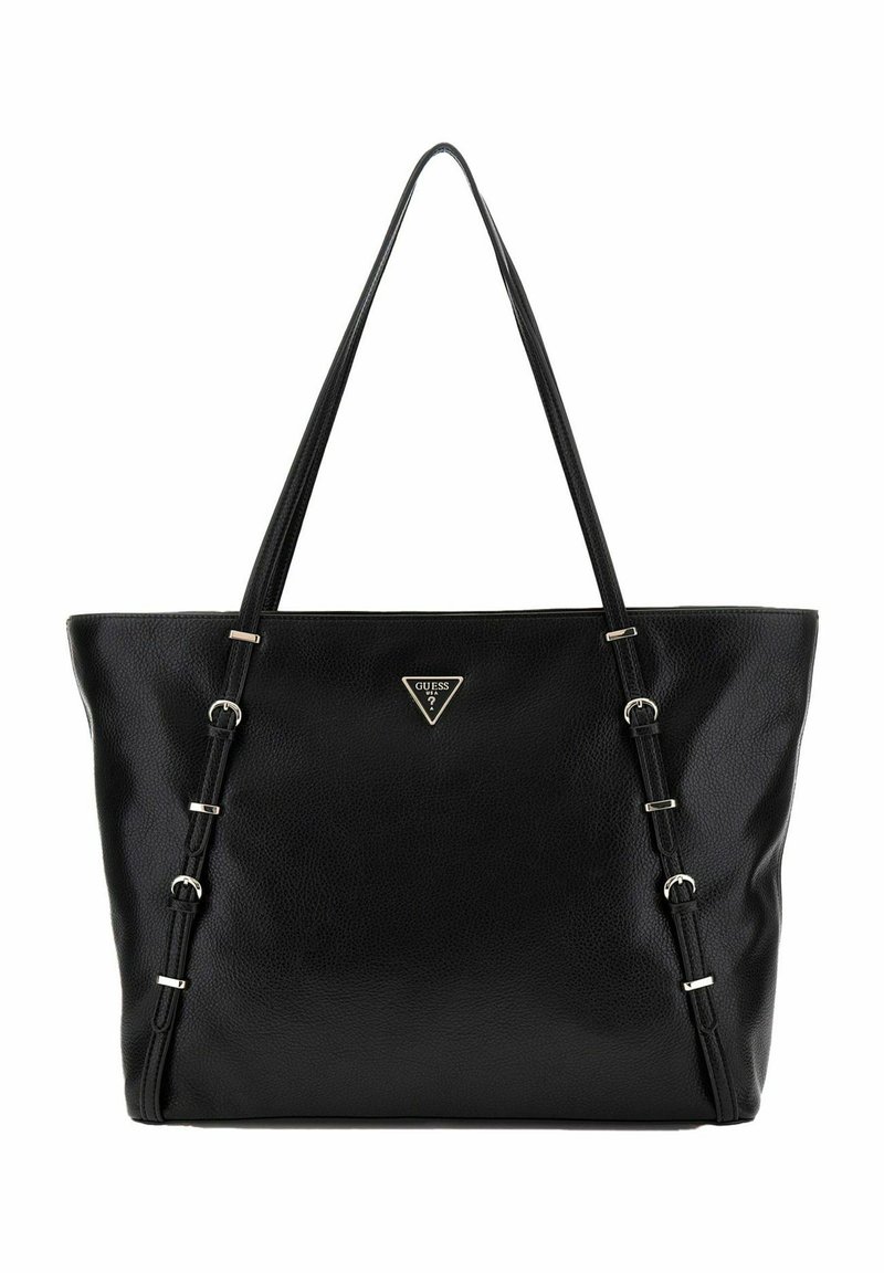 Borsa a tracolla in pelle nera con una finitura testurizzata, lunghe cinghie e hardware argentato. Presenta un logo triangolare sul fronte.