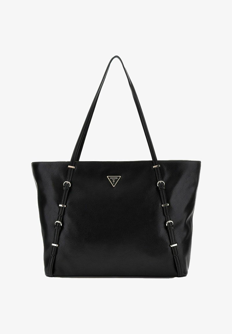 Borsa a tracolla in pelle nera con una finitura testurizzata, lunghe cinghie e hardware argentato. Presenta un logo triangolare sul fronte.