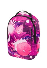 Zaino viola e rosa con un design a tema spaziale che presenta personaggi e pianeti. Realizzato in tessuto resistente, include cerniere e manici.