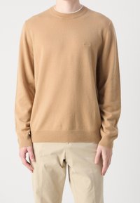 Sweater beige lavorato a maglia con scollo rotondo e polsini a coste, con una discreta toppa con logo sul petto. Abbinato a pantaloni beige chiaro.