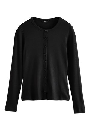 Cardigan noir à manches longues côtelé avec un col rond et une rangée frontale de neuf boutons, présenté à plat sur fond blanc.
