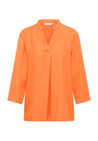 Blusa arancione a maniche lunghe con scollo a V e dettagli a pieghe. Realizzata in tessuto morbido, presenta una vestibilità rilassata e polsini arrotolati.