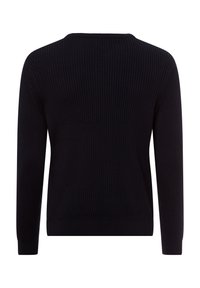 Marineblauer gerippter Pullover mit langen Ärmeln und rundem Halsausschnitt. Hat einen strukturierten Stoff und eine figurbetonte Silhouette. Schlichtes Design, keine sichtbaren Muster.