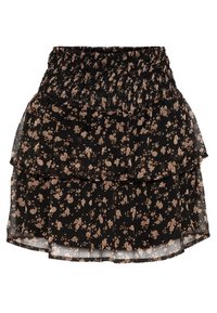 Svart lagerkjol med resårmidja, prydd med ett blommönster i nyanser av beige och brunt. Tillverkad av lätt, genomskinligt tyg.