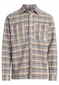 Hnědá kostkovaná košile s knoflíkovým zapínáním, dlouhými rukávy, náprsní kapsou a kontrastními modrými akcenty v motivu.