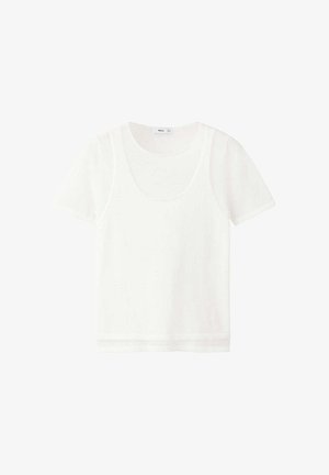 T-shirt blanc à manches courtes superposé avec un col rond et un tissu légèrement transparent, présenté sur un fond blanc uni.