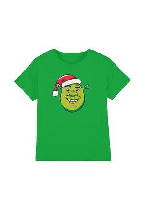 Green short-sleeve t-shirt with a smiling ogre face wearing a red and white Santa hat centered on the front.