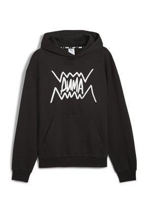Czarna bawełniana hoodie z kieszenią kangurzą, z białym logo „PUMA” w postaci ząbkowanych liter na przodzie. Standardowy krój i ściągacze na rękawach.