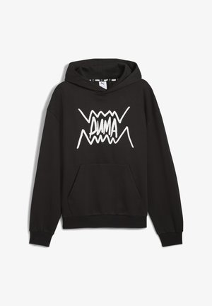 Czarna bawełniana hoodie z kieszenią kangurzą, z białym logo „PUMA” w postaci ząbkowanych liter na przodzie. Standardowy krój i ściągacze na rękawach.