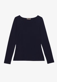 Marineblå langermet topp med rund hals, mykt stoff og slim fit. Sømløst design uten synlige mønstre eller dekorasjoner.