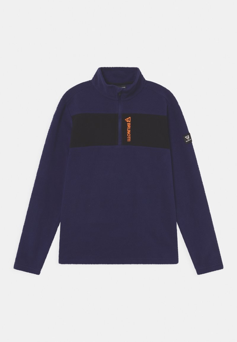 Sudadera polar azul marino con cuello de media cremallera, con una banda negra en el pecho y un logotipo naranja. Mangas largas con corte recto.
