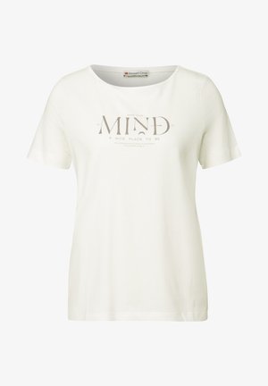T-shirt bianco in cotone con maniche corte. Presenta una stampa grigia con la scritta "MIND A NICE PLACE TO BE" sul davanti. Texture liscia.