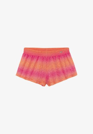 Pantaloncini da bagno colorati con un gradiente dall'arancione al rosa, caratterizzati da un motivo a occhielli e una cintura elastica.