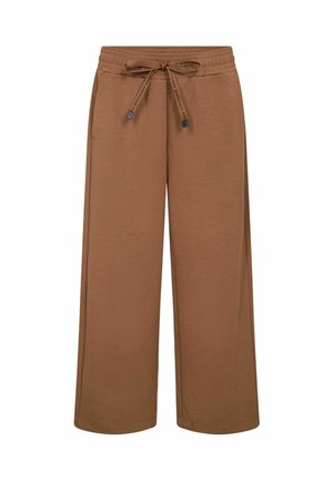 Rjave široke hlače z elastičnim pasom in vezalko s potiskanim tekstom, sprednjimi žepi in sproščenim prileganjem.