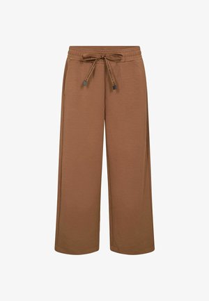 Pruunid laia säärtega püksid elastse vöökohaga ja nööriga, millel on trükitud tekst, esimesed taskud ja lõdvestunud lõige.