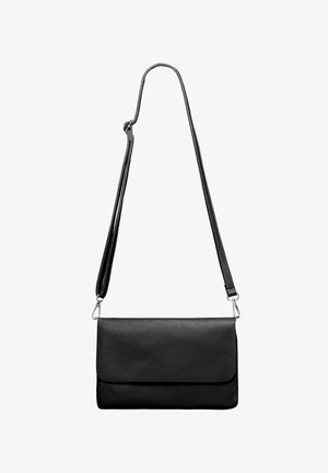 Black leather crossbody bag with a textured surface, rectangular shape, adjustable strap, and a flap closure. Silver hardware accents.