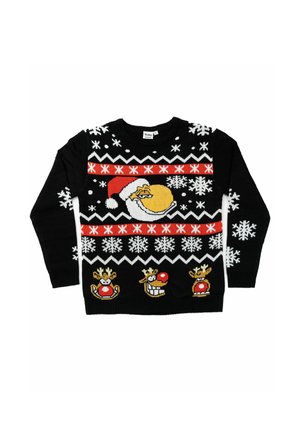 Maglione nero lavorato a maglia con motivi festivi, raffigurante Babbo Natale, renne e fiocchi di neve in rosso, bianco e giallo. Collo rotondo, maniche lunghe.